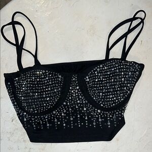 Black Rhinestone Embellished Crop Top
